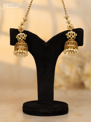 Antique jhumka maatal design in multicolor kemp stones and pearl hanging