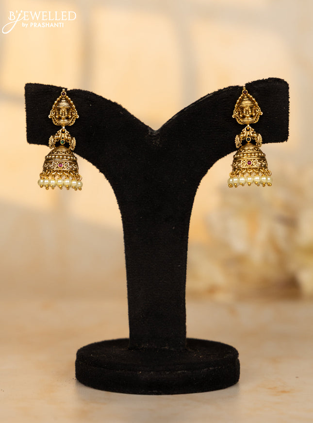 Antique jhumka amman face with green and red stones and pearl hanging
