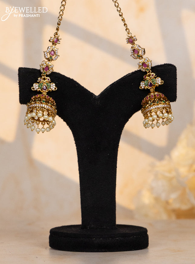 Antique jhumka maatal type double peacock design in multicolor stones and pearl hanging