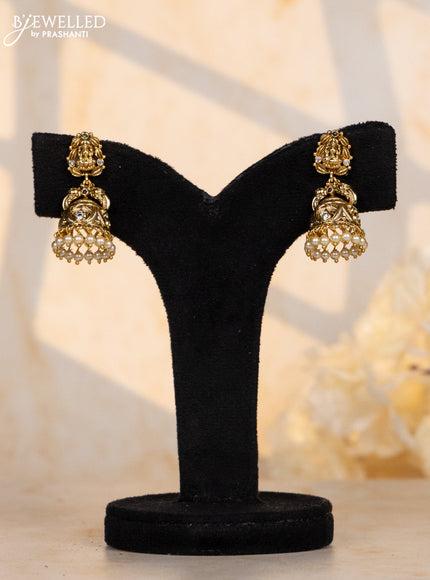 Antqiue jhumka lakshmi double peacock deisgn in multicolor stones & pearl hanging