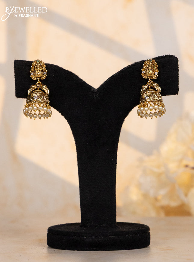 Antqiue jhumka lakshmi double peacock deisgn in multicolor stones & pearl hanging