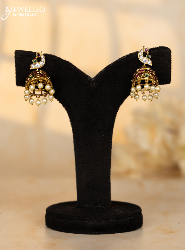 Antique medium size jhumka with peacock design in multicolor kemp and pearl hanging
