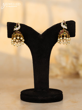 Antique medium size jhumka with peacock design in multicolor kemp and pearl hanging