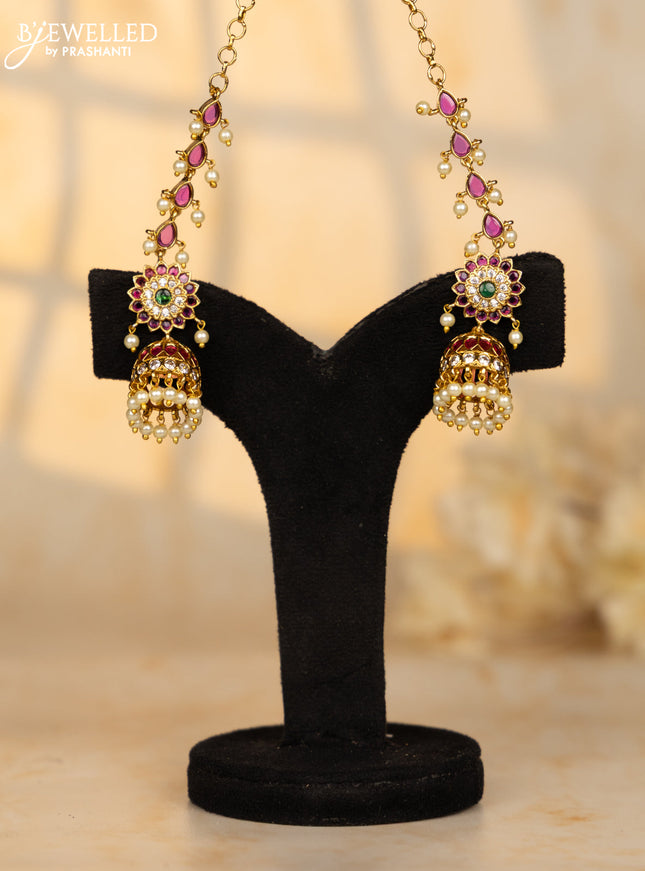 Antqiue jhumka maatal type floral design in multicolor kemp stones and pearl hanging