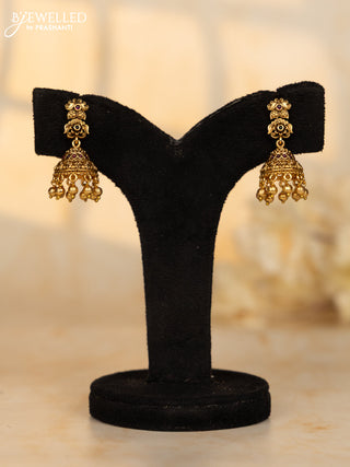 Antique jhumka floral design in red and green kemp stones and golden ball hanging