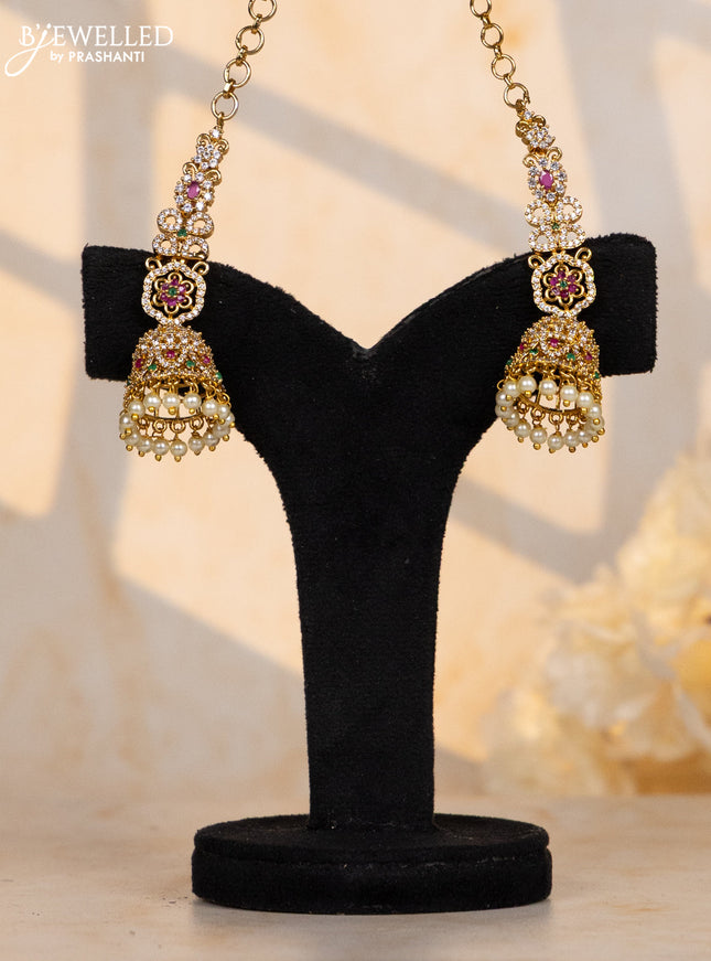 Antqiue jhumka maatal type floral design in multicolor kemp stones and pearl hanging