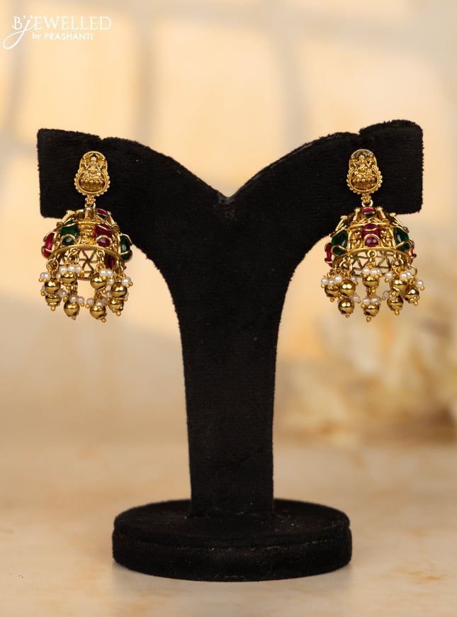 Antique jhumka red and green stone type with jadau stones and pearl hanging