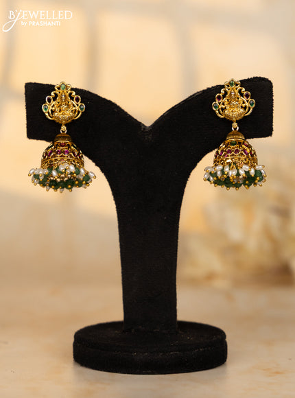 Antique jhumka lakshmi design with multicolor kemp stones and rice pearl hanging