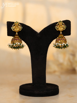 Antique jhumka lakshmi design with multicolor kemp stones and rice pearl hanging