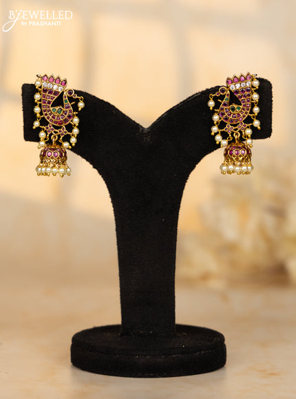 Antique jhumka peacock design in multicolor kemp stones and pearl hanging