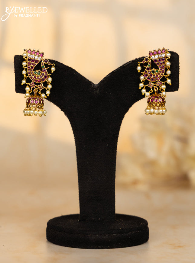 Antique jhumka peacock design in multicolor kemp stones and pearl hanging