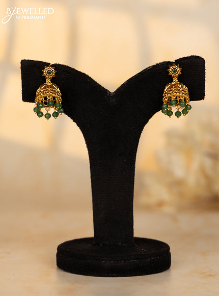 Antique jhumka floral deisgn in red and green stones and green beads hanging