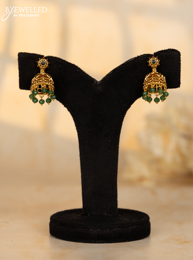 Antique jhumka floral deisgn in red and green stones and green beads hanging