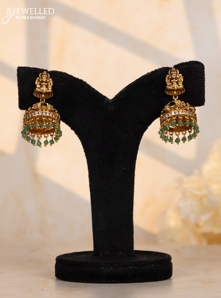 Antique jhumka lakshmi design with multicolor kemp stones and green beads hanging