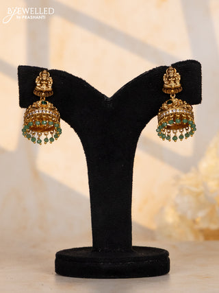 Antique jhumka lakshmi design with multicolor kemp stones and green beads hanging
