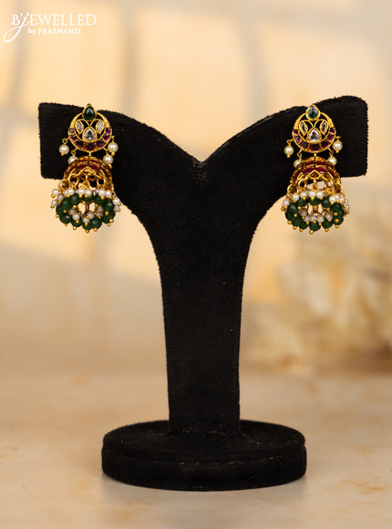 Antique jhumka chandbali design in multicolor kemp stones and green beads hanging