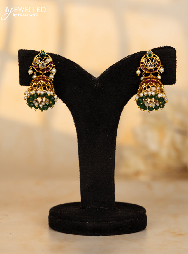 Antique jhumka chandbali design in multicolor kemp stones and green beads hanging