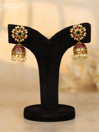 Antique jhumka floral deisgn in multicolor stones and pearl hanging