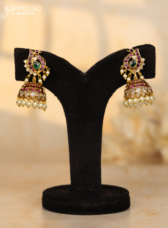 Antique jhumka peacock design in multicolor kemp stones and pearl hanging