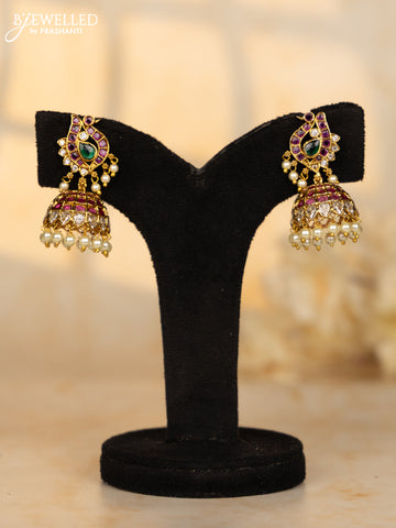 Antique jhumka peacock design in multicolor kemp stones and pearl hanging