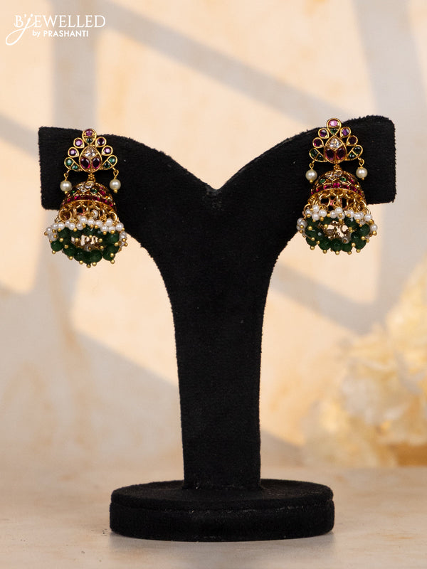 Antique jhumka rain drop design in multicolor kemp stones and pearl hanging