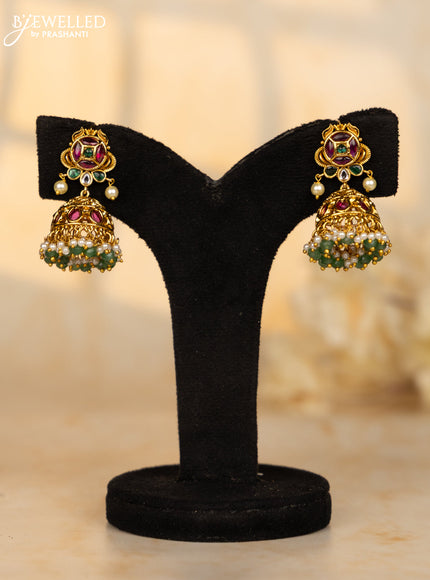 Antique jhumka circle shape design with multicolor kemp stones and pearl & green beads hanging