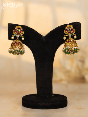 Antique jhumka circle shape design with multicolor kemp stones and pearl & green beads hanging