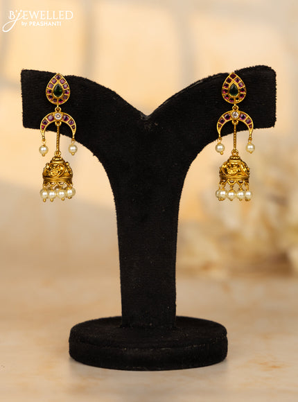 Antique jhumka leaf moon deisgn in multicolor kemp stones and pearl hanging