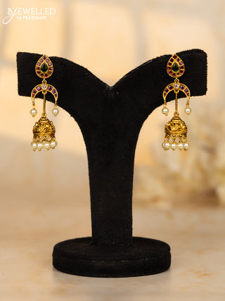Antique jhumka leaf moon deisgn in multicolor kemp stones and pearl hanging