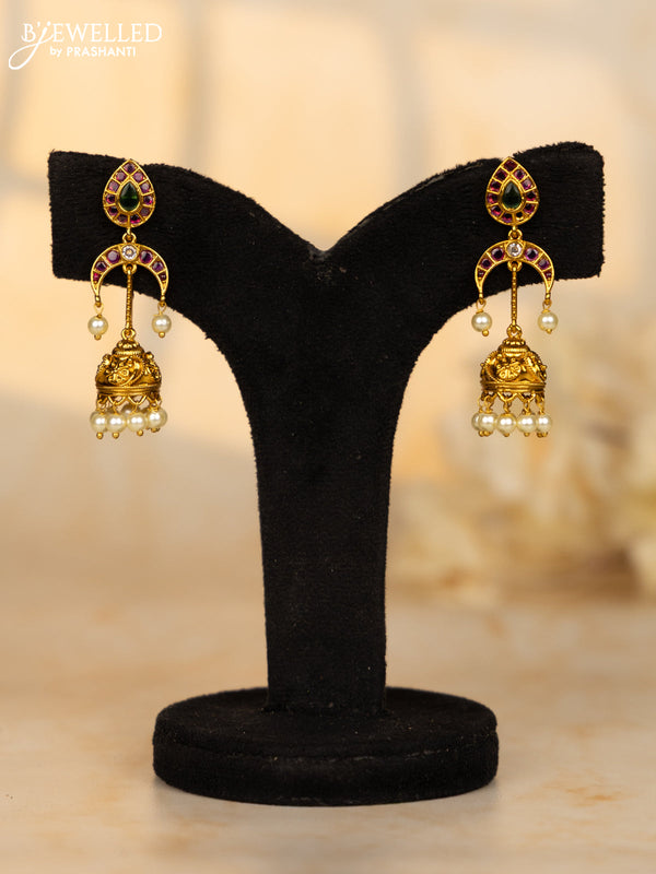 Antique jhumka leaf moon deisgn in multicolor kemp stones and pearl hanging
