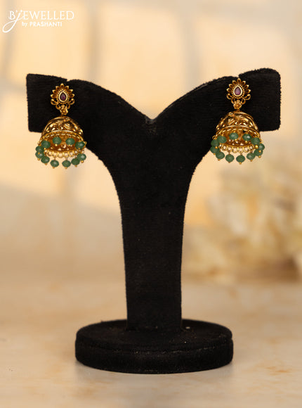 Antique Jhumka floral design in red and green kemp stones and green beads hanging
