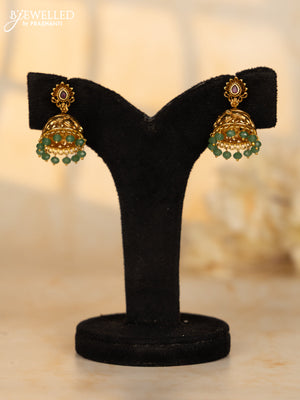 Antique Jhumka floral design in red and green kemp stones and green beads hanging