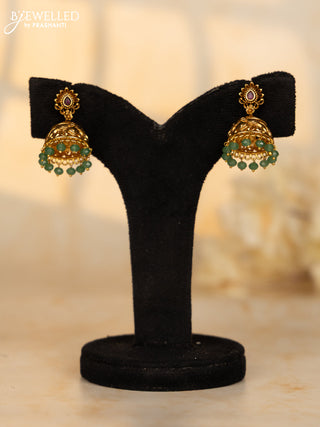 Antique Jhumka floral design in red and green kemp stones and green beads hanging