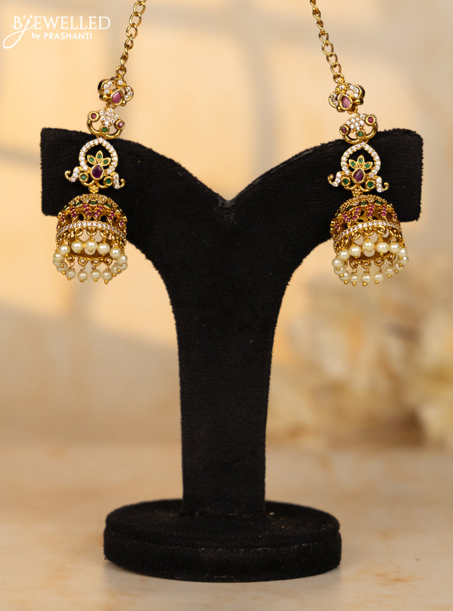 Antique maatal type jhumka in multicolor stones and pearl hanging
