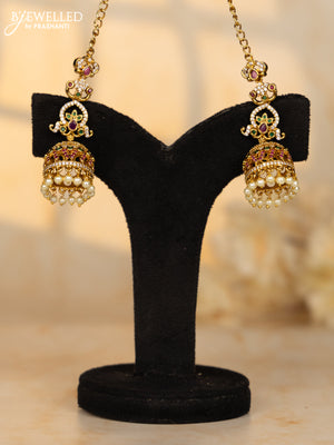 Antique maatal type jhumka in multicolor stones and pearl hanging