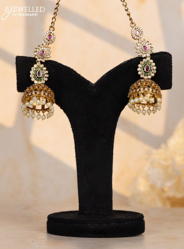 Antique maatal big type jhumka in multicolor stones and pearl hanging