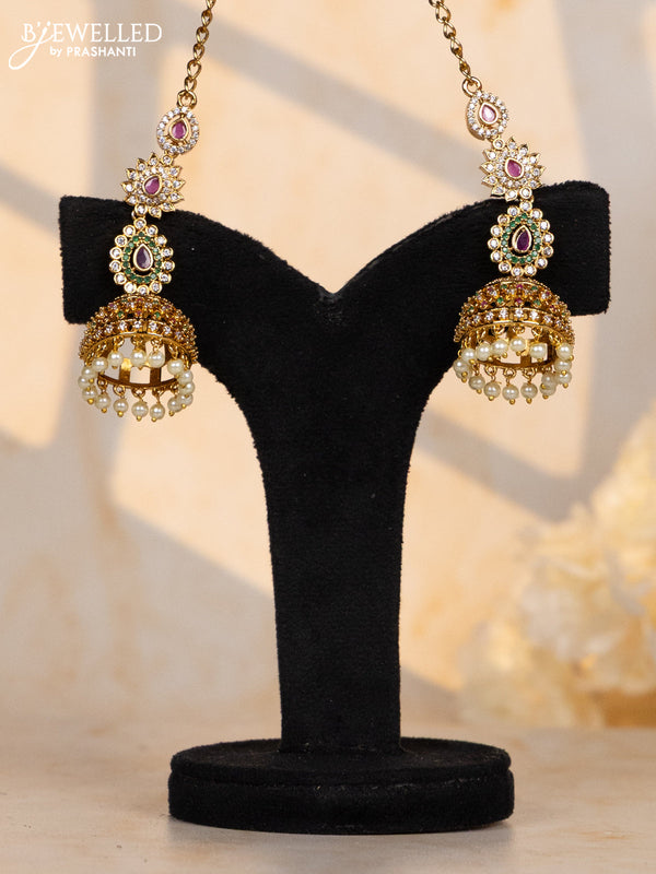 Antique maatal big type jhumka in multicolor stones and pearl hanging