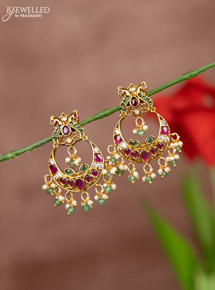 Antique earring double peacock design in multicolor kemp stones and pearl hanging