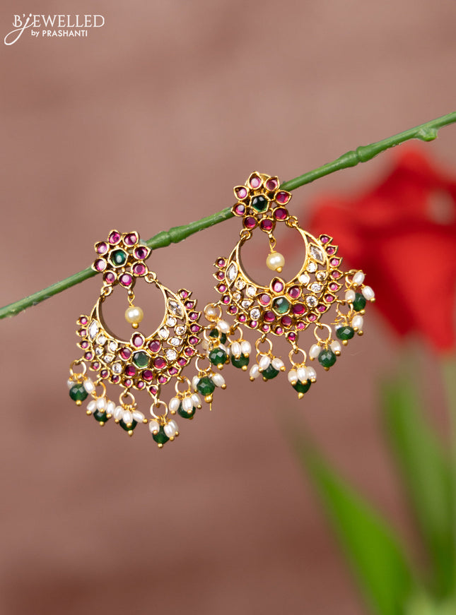 Antique earring floral design in chandbali type with pearl hanging