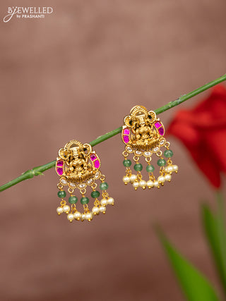 Antique earring lakshmi deisgn in jadau stones and pearl hanging