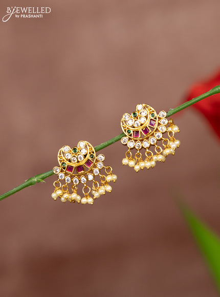 Antique earring chandbali deisgn in multicolor kemp stones and pearl hanging