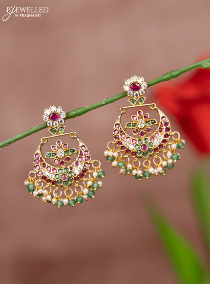 Antique earring chandbali deisgn in multicolor kemp stones and pearl & green beads hanging