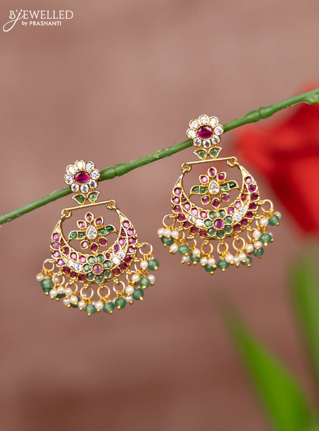 Antique earring chandbali deisgn in multicolor kemp stones and pearl & green beads hanging