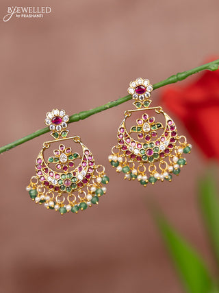 Antique earring chandbali deisgn in multicolor kemp stones and pearl & green beads hanging