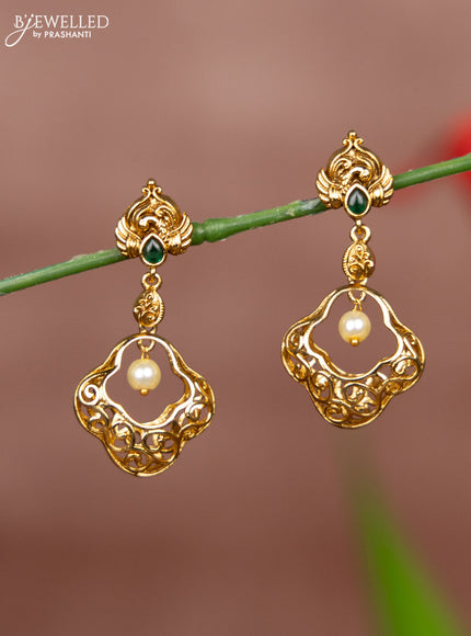 Antique earring peacock deisgn in green stones and pearl hanging