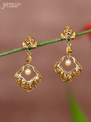 Antique earring peacock deisgn in green stones and pearl hanging