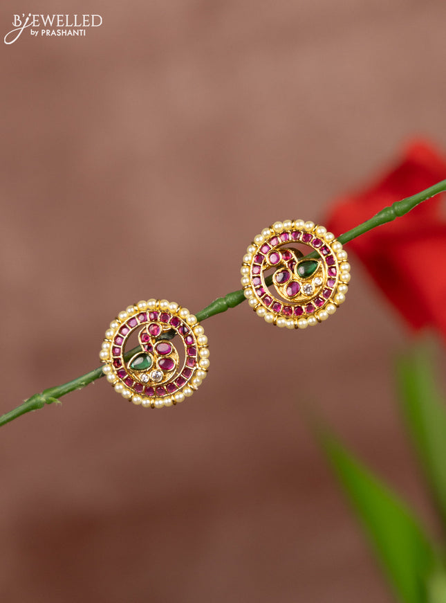 Antique earring stud type in peacock deisgn in multicolor kemp stones and pearl