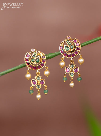 Antique earring peacock design in multicolor stones and pearl & green beads hanging