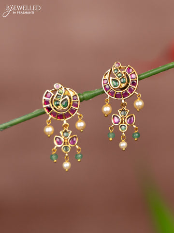 Antique earring peacock design in multicolor stones and pearl & green beads hanging