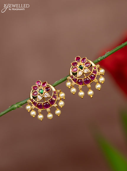Antique earring chandbali deisgn in multicolor kemp stones and pearl hanging